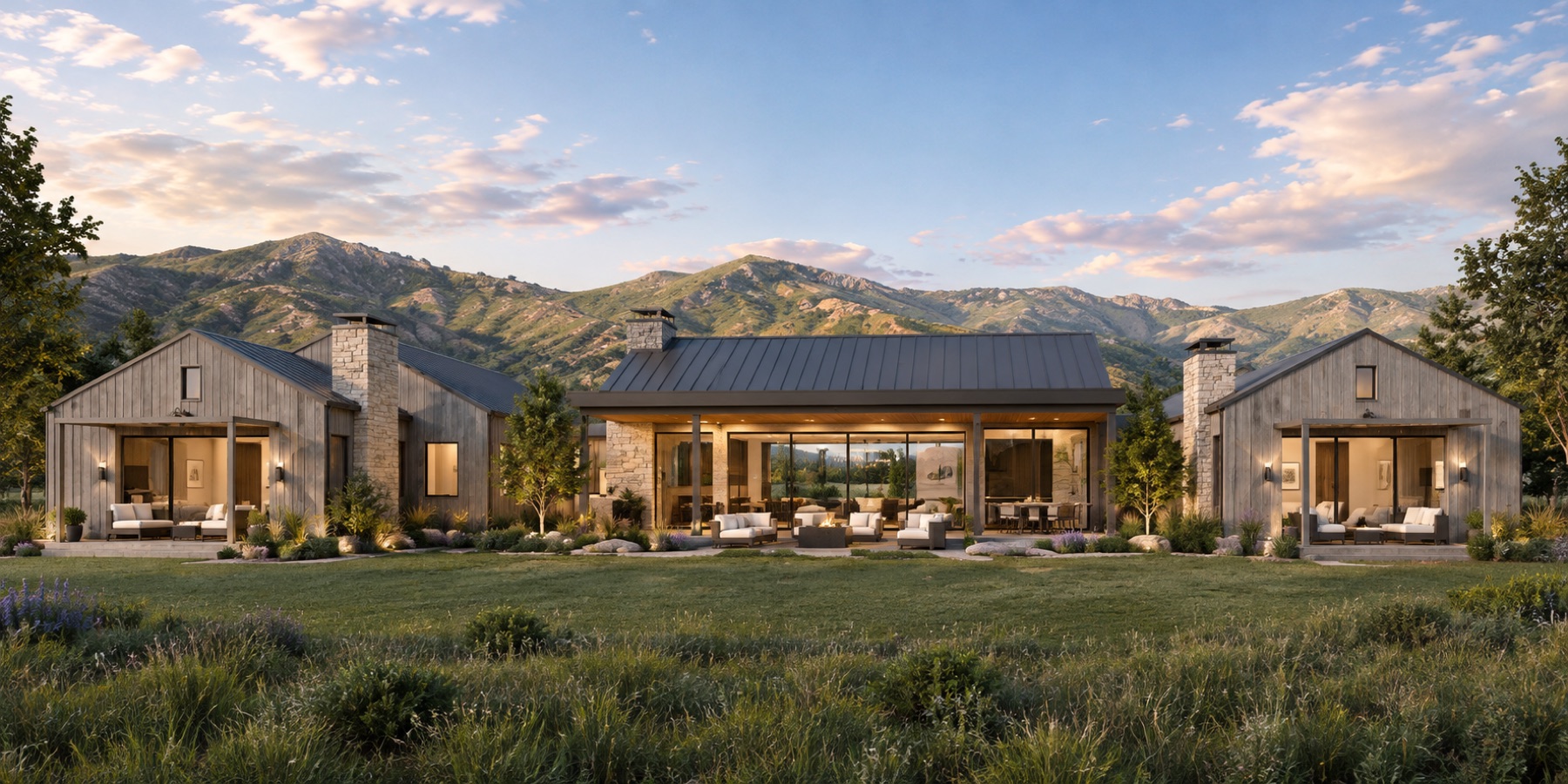 Rendering of a custom modern farmhouse with mountain views